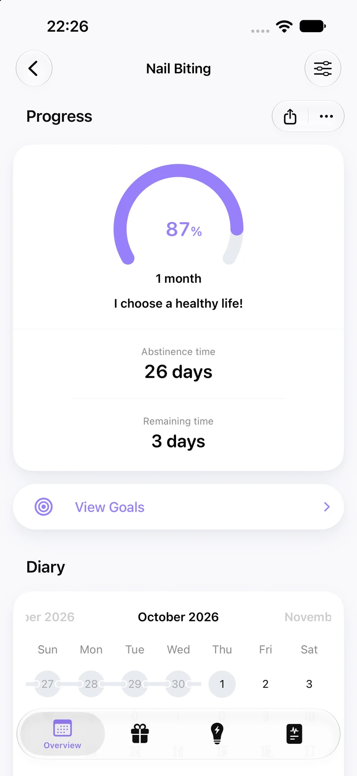 Nail Biting progress screen: 87% of a 1-month goal, 26 days of abstinence time and 3 days remaining, with the diary calendar below