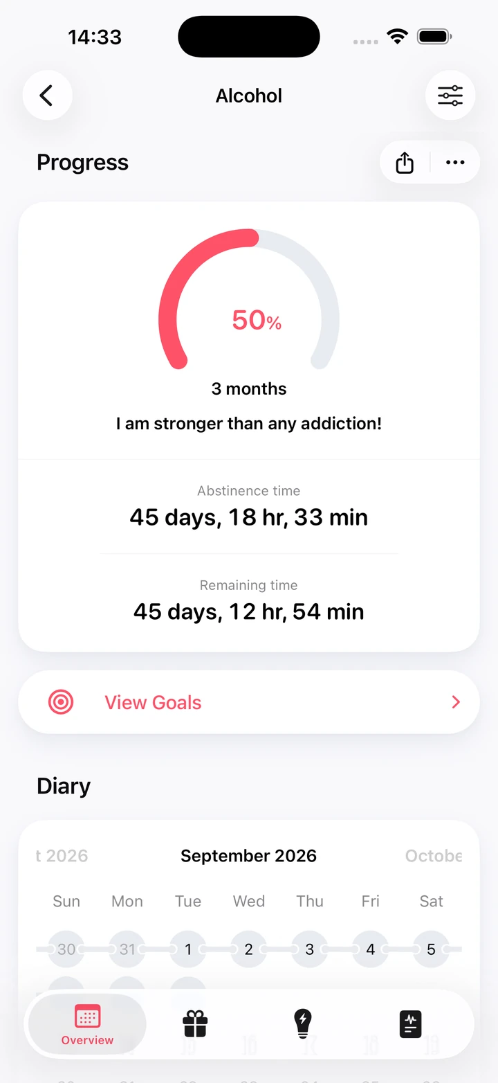 Alcohol progress screen: 50% of a 3-month goal after 45 days of abstinence