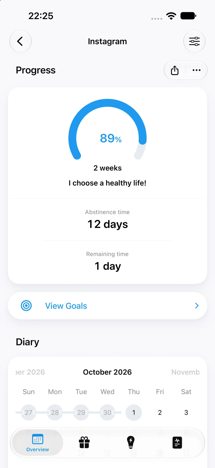 Quitzilla progress screen for Social media