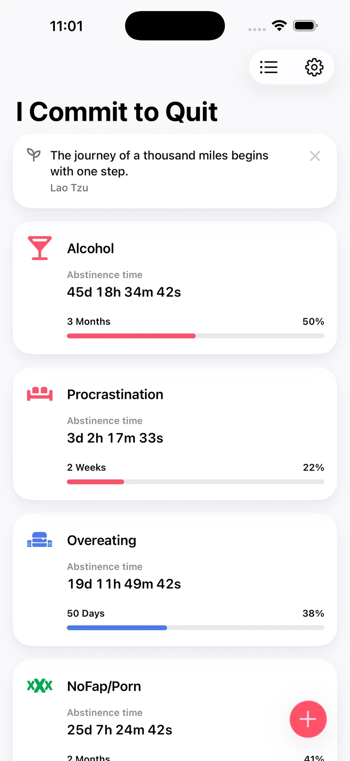 Quitzilla home screen with abstinence timers for alcohol, procrastination, overeating and porn