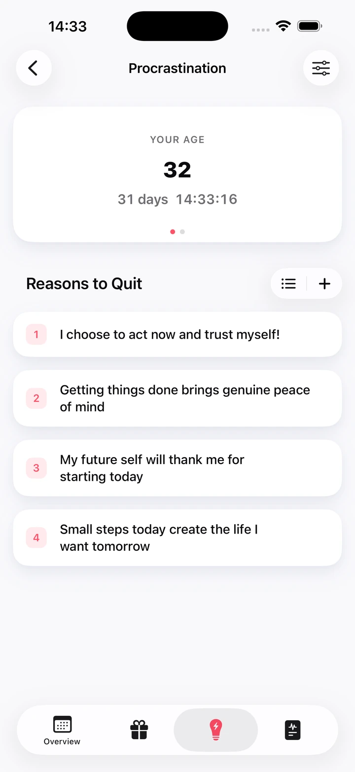 Personal reasons to quit, listed under a counter of your age