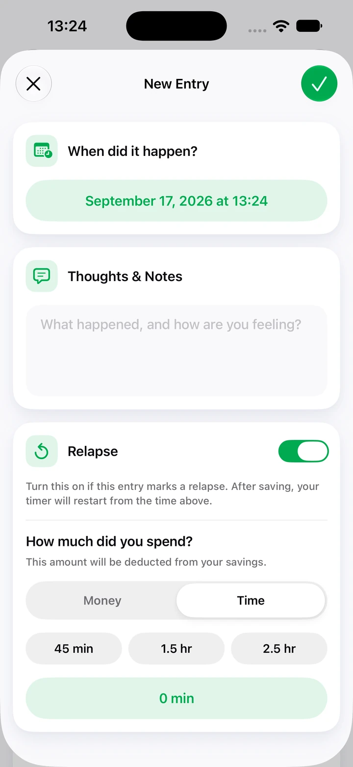 New diary entry with a notes field, the relapse switch turned on and a choice of time spent