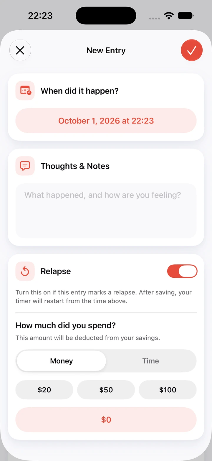 Diary entry form for a relapse: October 1 at 22:23, a blank Thoughts & Notes field, the Relapse switch on and $20, $50 and $100 buttons for how much was spent