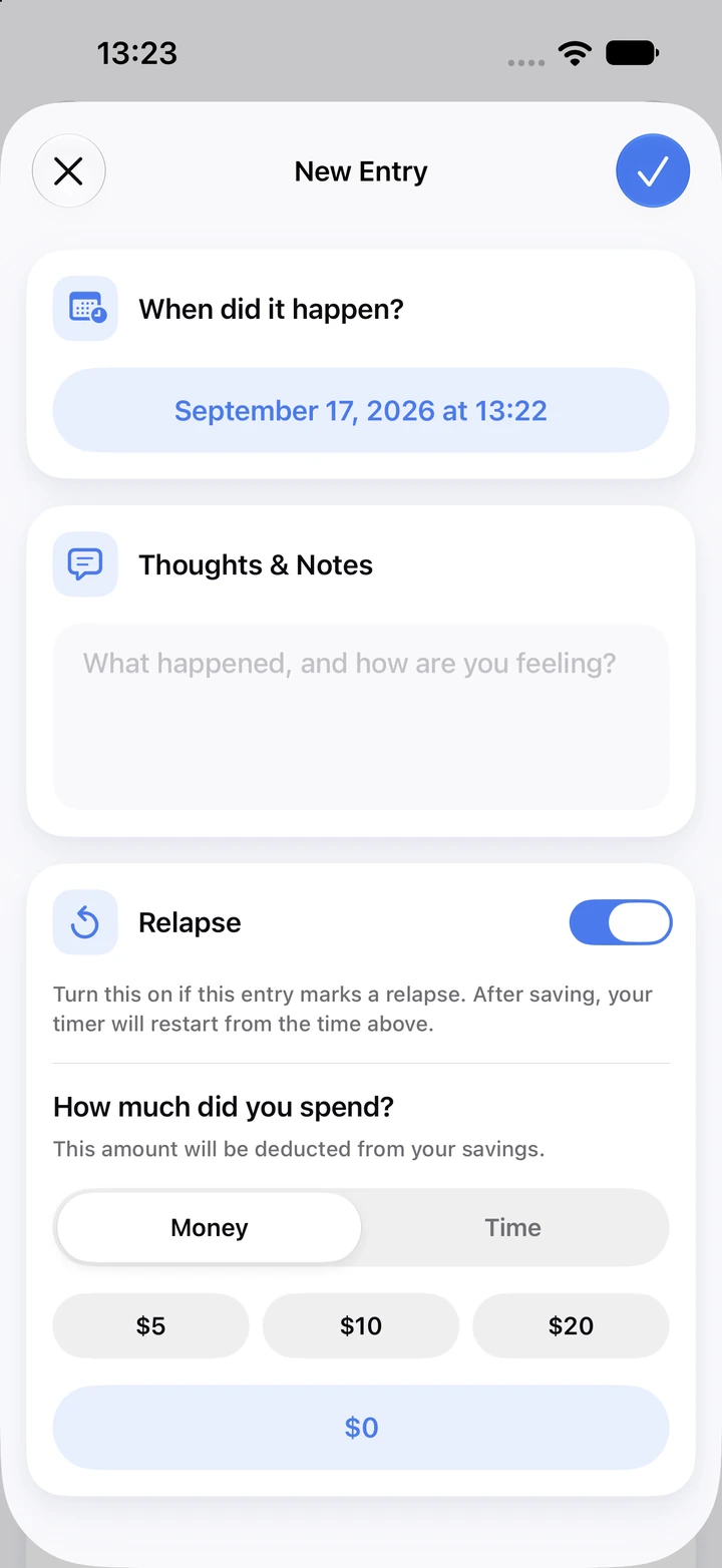 New diary entry with notes, a relapse switch and money spent