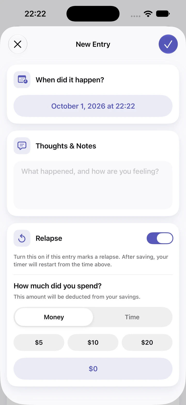 New diary entry for October 1, 2026 at 22:22 with an empty Thoughts & Notes field, the Relapse switch on and $5, $10 and $20 options for money spent