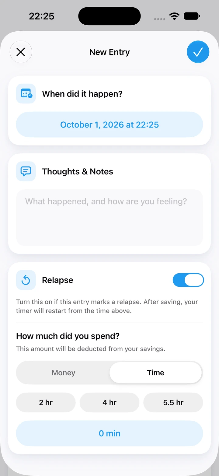 Relapse entry in the diary, set to time spent, with quick picks of 2, 4 and 5.5 hours and an empty notes field