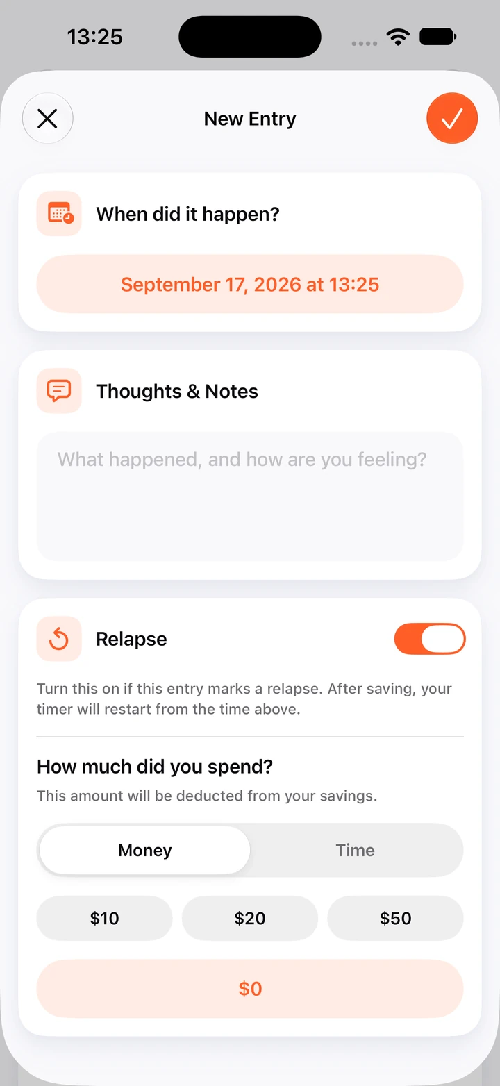 New diary entry with the date, an empty notes field, the relapse switch on and quick amounts for money spent