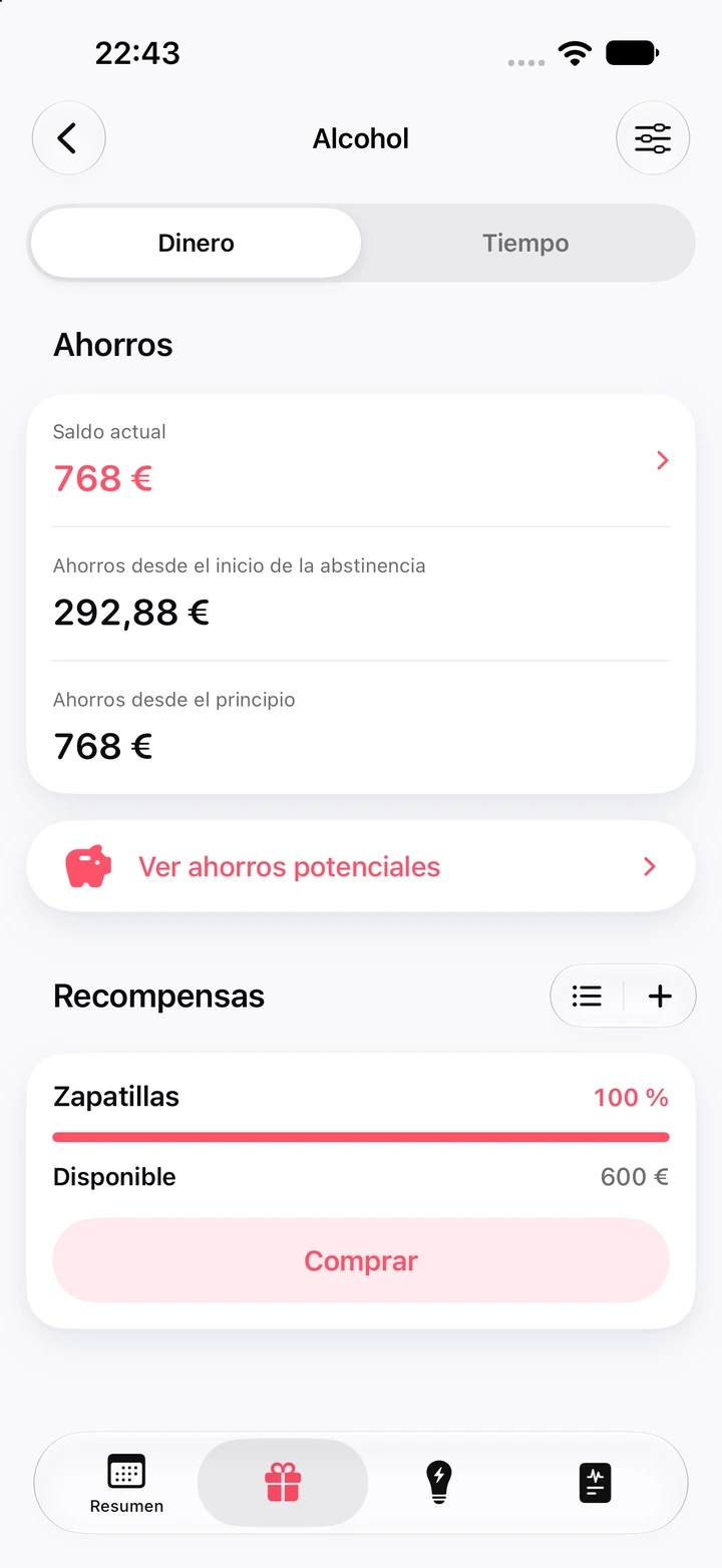 Pantalla de ahorros de Alcohol: saldo de 768 €, 292,88 € ahorrados desde el inicio de la abstinencia y la recompensa Zapatillas, de 600 €, al 100 % con el botón Comprar