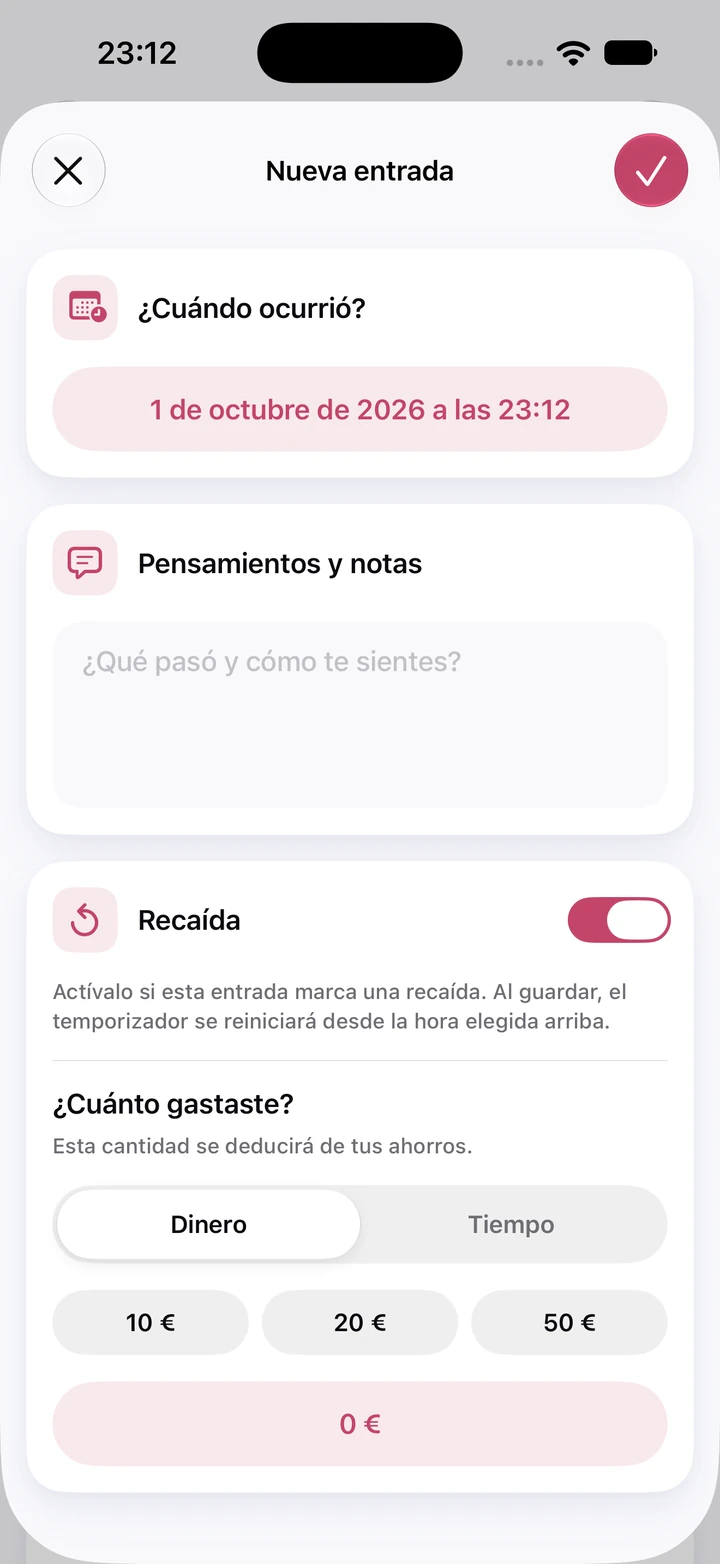Nueva entrada del diario: el campo Pensamientos y notas vacío, el interruptor Recaída activado y un campo de dinero gastado en 0 €
