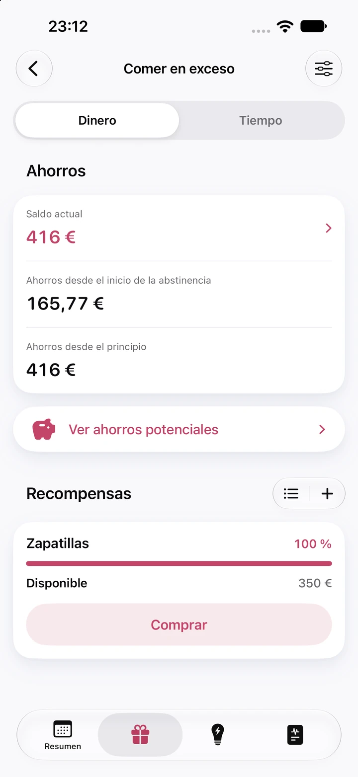 Pantalla de ahorros de Comer en exceso: saldo actual de 416 €, 165,77 € ahorrados desde el inicio de la abstinencia y la recompensa Zapatillas, de 350 €, al 100 % y lista para comprar