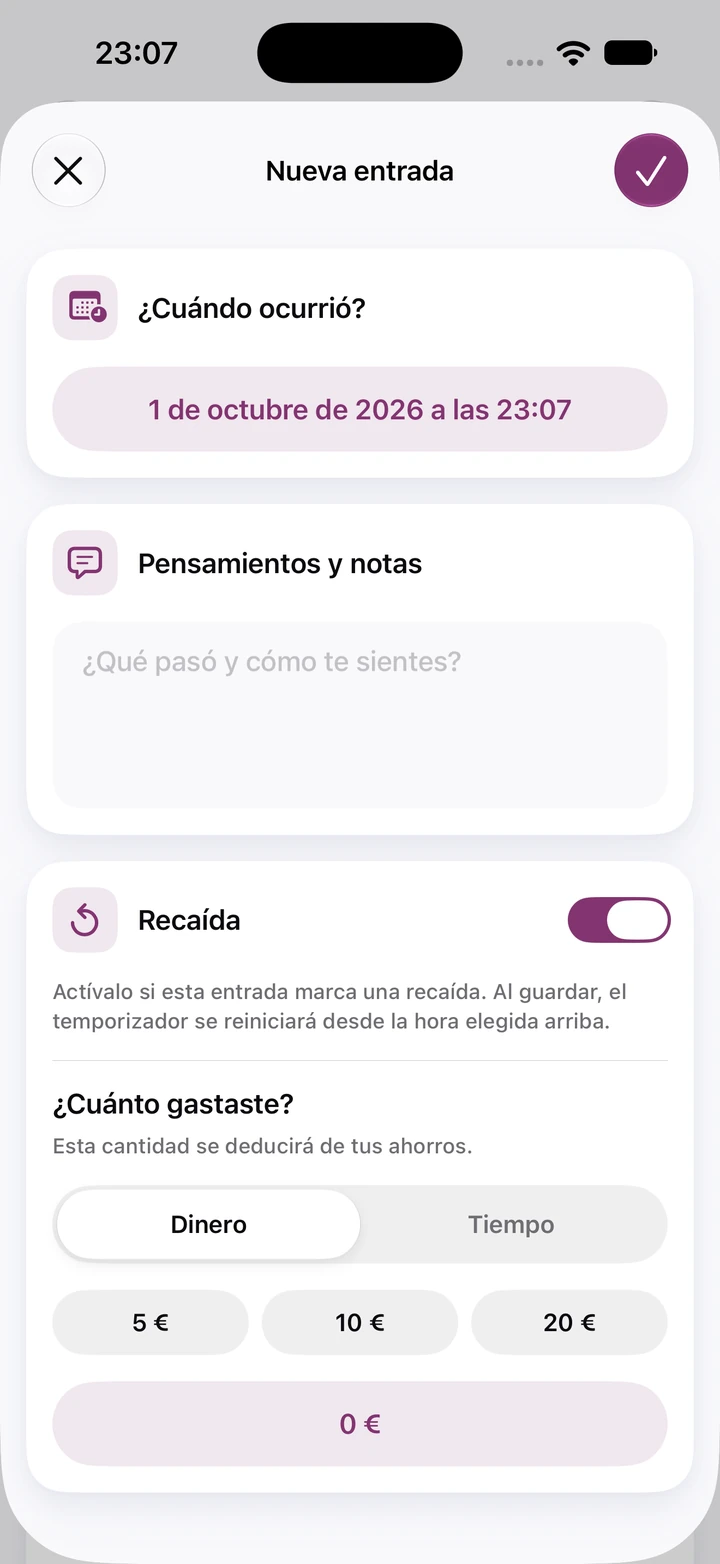 Nueva entrada del diario con el interruptor Recaída activado, el campo Pensamientos y notas vacío e importes rápidos de 5, 10 y 20 € para el dinero gastado