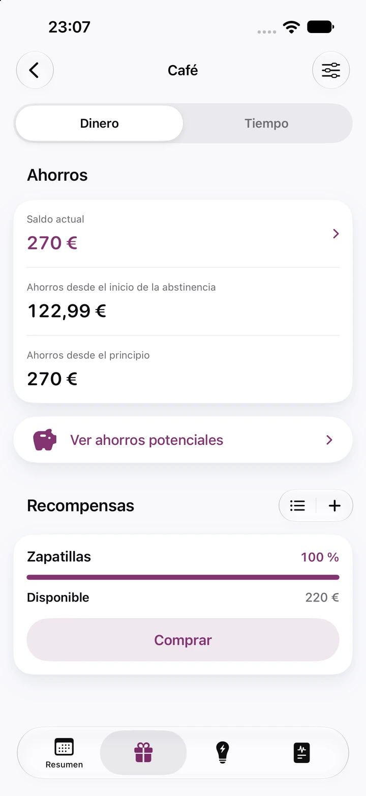 Pantalla de ahorros de Café: saldo actual de 270 €, 122,99 € ahorrados desde el inicio de la abstinencia y la recompensa Zapatillas, de 220 €, lista para comprar