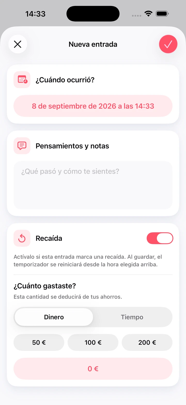 Nueva entrada del diario con un campo de notas, el interruptor de recaída y el dinero gastado