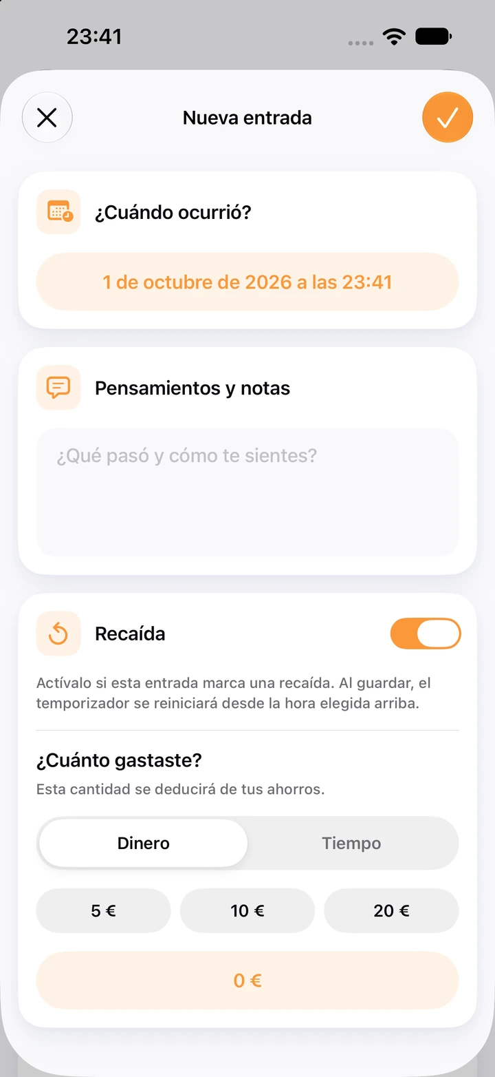 Nueva entrada del diario: el campo Pensamientos y notas vacío, el interruptor Recaída activado y botones de 5, 10 y 20 € para lo que se gastó