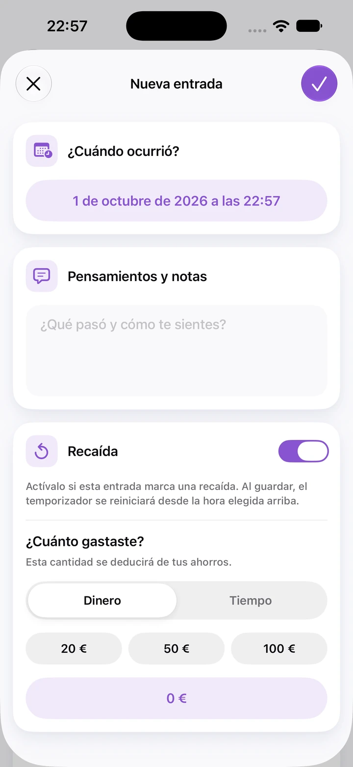 Nueva entrada del diario con el interruptor de recaída activado y un campo de dinero gastado con opciones de 20, 50 y 100 €