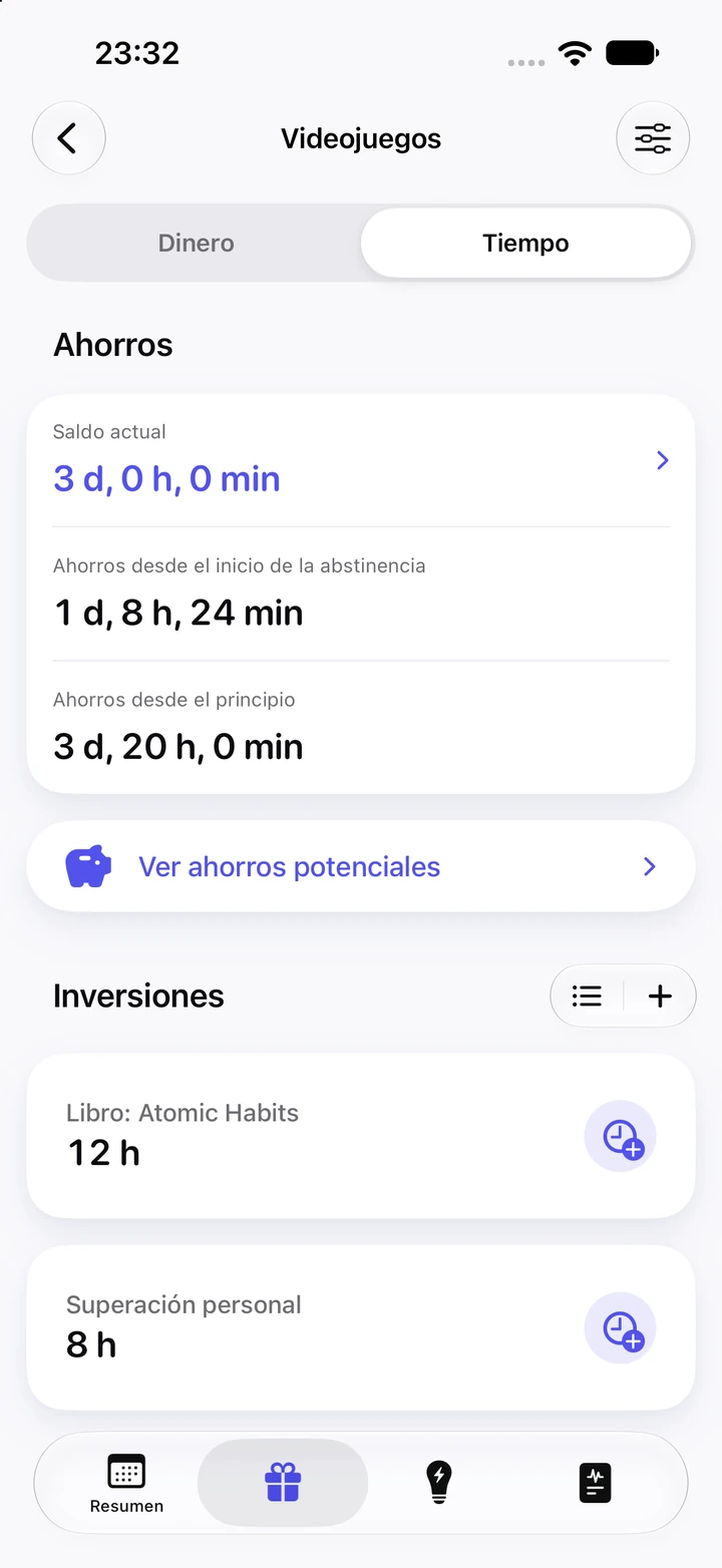 Pestaña Tiempo de Videojuegos: un saldo actual de 3 días; 1 día, 8 horas y 24 minutos ahorrados desde el inicio de la abstinencia, y 12 horas invertidas en un libro y 8 en superación personal