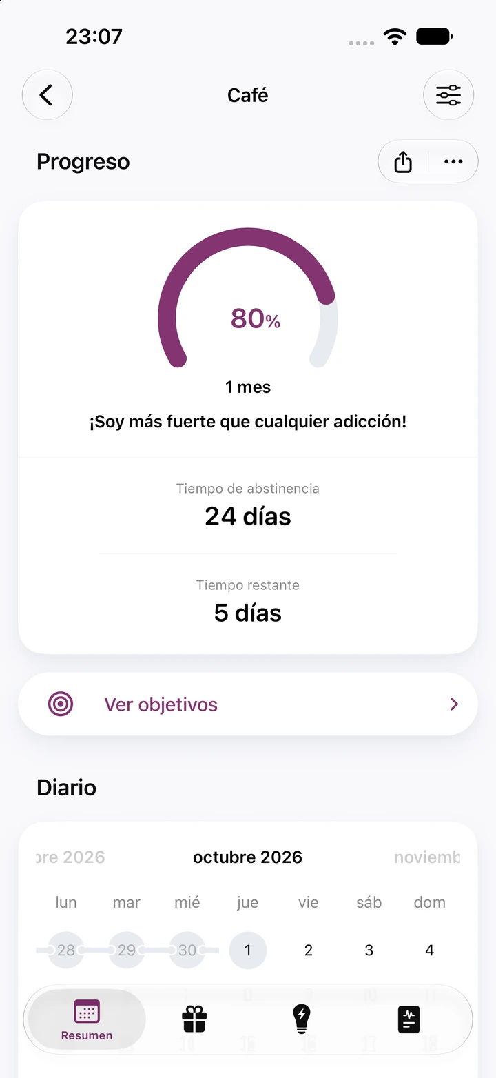 Pantalla de progreso de Café: 24 días de abstinencia, 80 % de un objetivo de 1 mes, 5 días restantes y el calendario del diario
