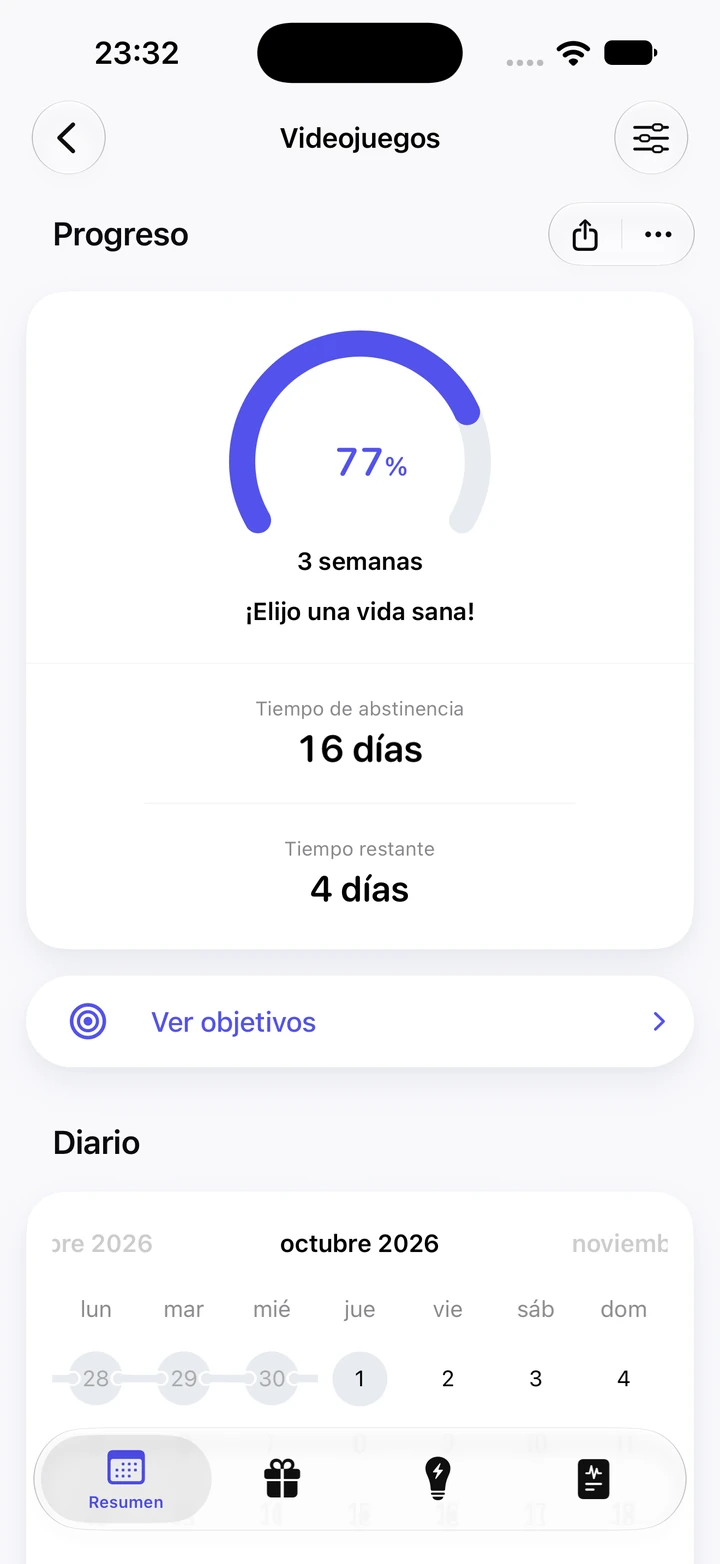 Pantalla de progreso de Videojuegos: 16 días de abstinencia, 77 % de un objetivo de 3 semanas con 4 días restantes y una cadena de días limpios en el calendario del diario