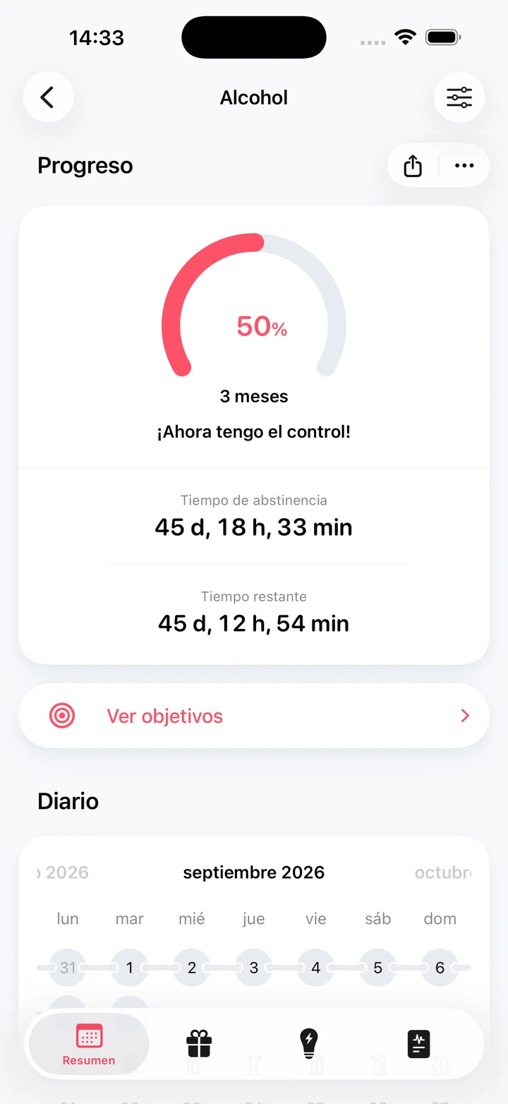 Pantalla de progreso de Alcohol: 50 % de un objetivo de 3 meses tras 45 días de abstinencia