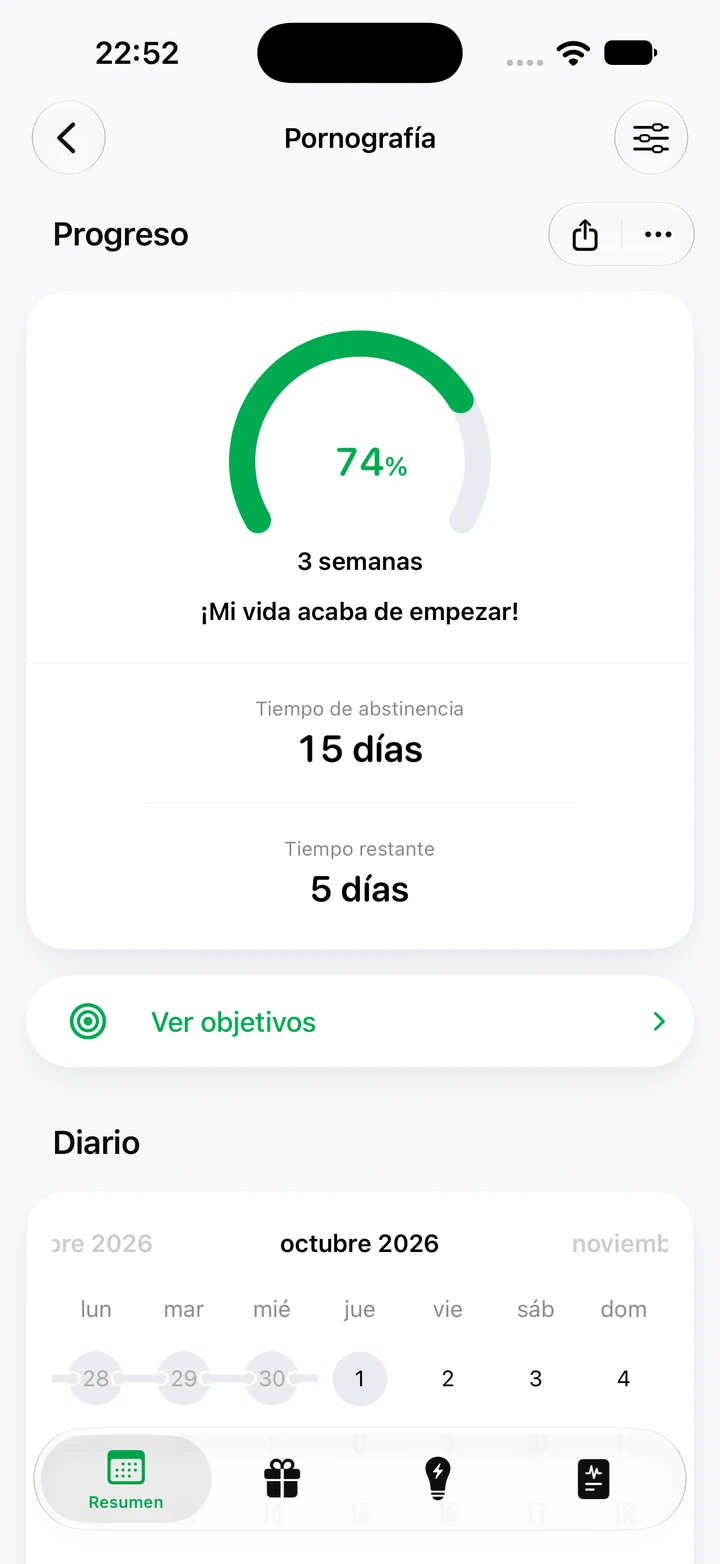 Pantalla de progreso de Pornografía: 15 días de abstinencia y 74 % de un objetivo de 3 semanas, con una cadena de días limpios en el calendario de debajo