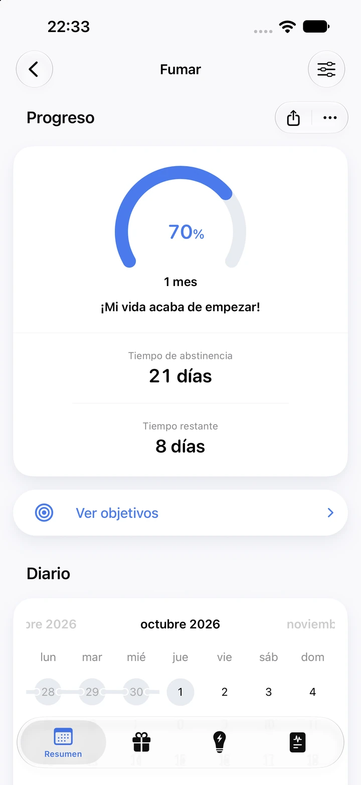 Pantalla de progreso de Fumar: 21 días sin fumar y 70 % de un objetivo de 1 mes