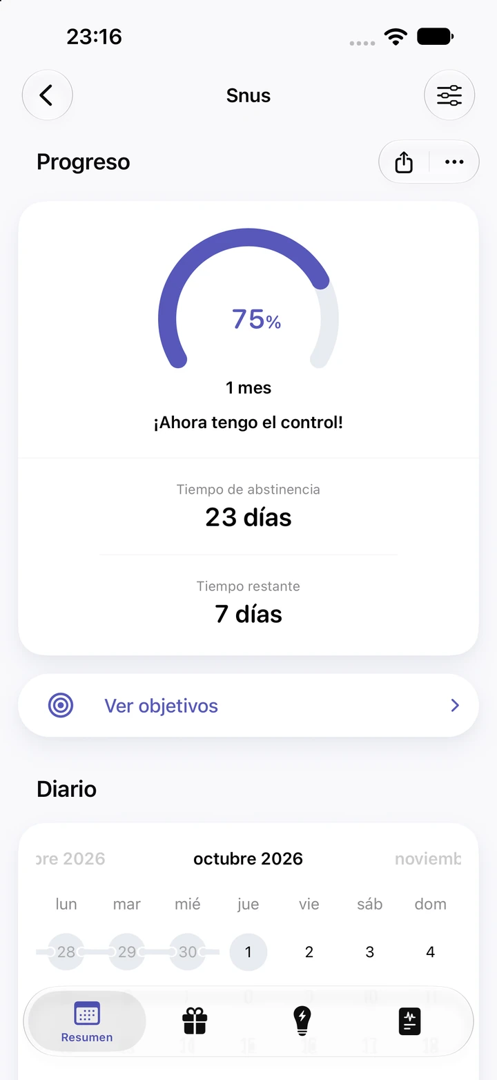 Pantalla de progreso de Snus: 75 % de un objetivo de 1 mes, 23 días de abstinencia, 7 días restantes y una cadena de días limpios en el calendario del diario