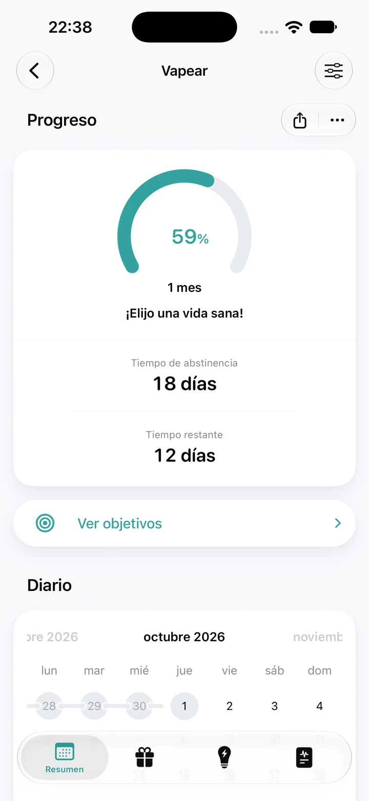 Pantalla de progreso de Vapear: un anillo al 59 % de un objetivo de 1 mes, 18 días de abstinencia y 12 días restantes