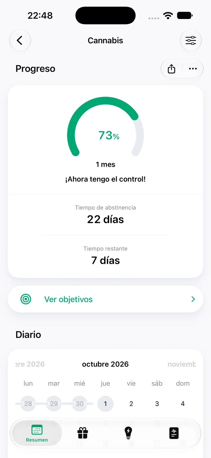 Pantalla de progreso de Cannabis: 22 días de abstinencia y 73 % de un objetivo de 1 mes, con 7 días restantes