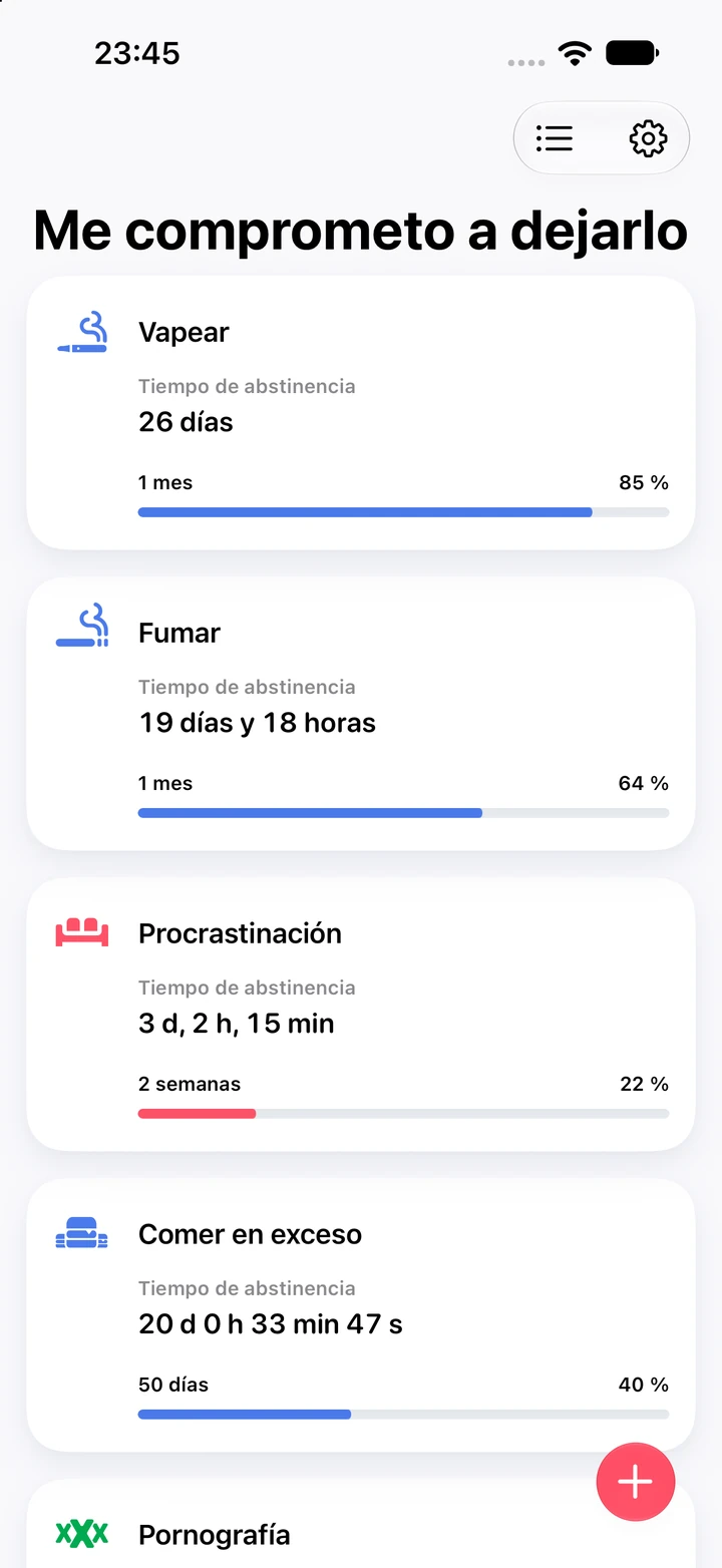 Pantalla principal de Quitzilla con tiempos de abstinencia: Vapear, 26 días y 85 % de 1 mes; Fumar, 19 días y 18 horas y 64 % de 1 mes; Procrastinación, 3 días y 2 horas; Comer en exceso, 20 días