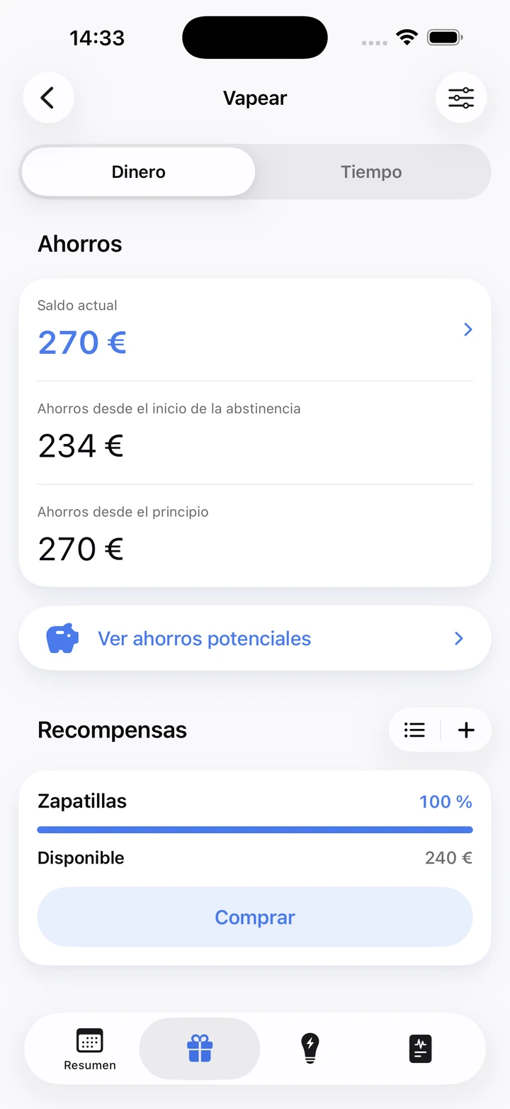 Pantalla de ahorros de Vapear con un saldo de 270 € y la recompensa Zapatillas lista para comprar