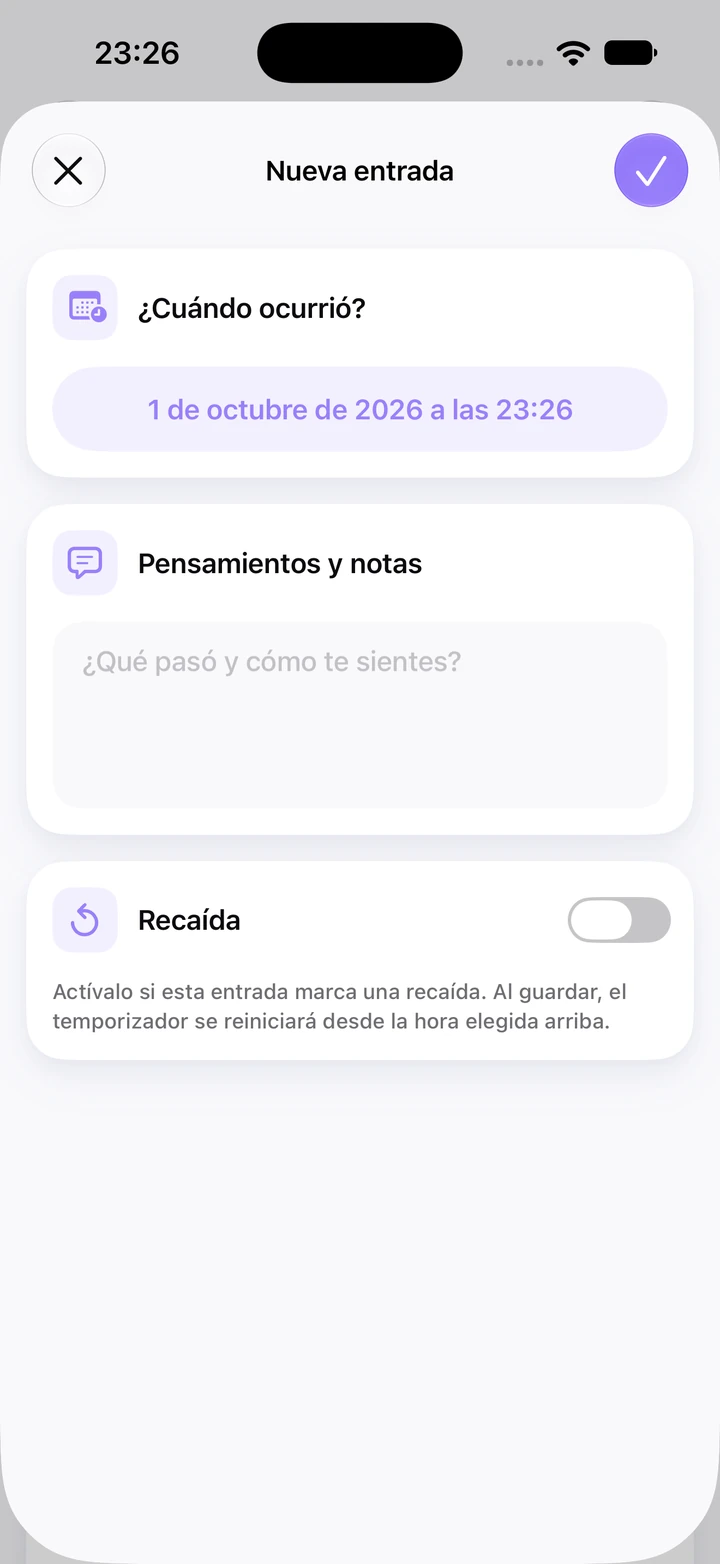 Nueva entrada del diario de Morderse las uñas del 1 de octubre de 2026 a las 23:26, con el campo Pensamientos y notas vacío y el interruptor Recaída desactivado
