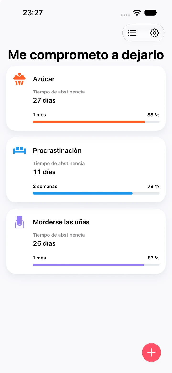 Lista de hábitos de Quitzilla con el título Me comprometo a dejarlo: Morderse las uñas con 26 días y 87 % de un objetivo de 1 mes, y encima Azúcar con 27 días y Procrastinación con 11 días