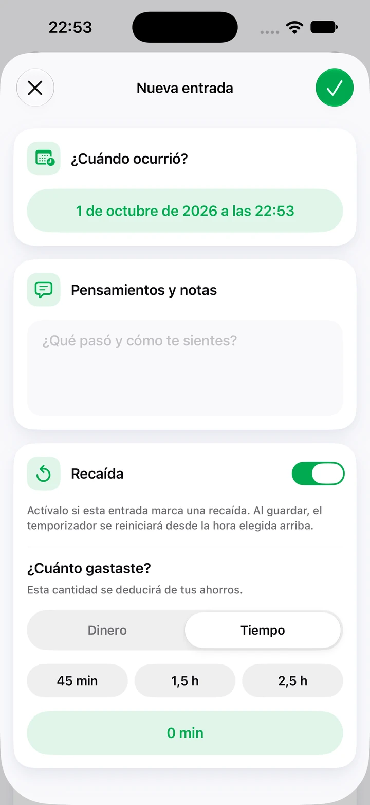 Nueva entrada del diario con un campo de notas, el interruptor de recaída activado y opciones de tiempo dedicado de 45 min, 1,5 h y 2,5 h
