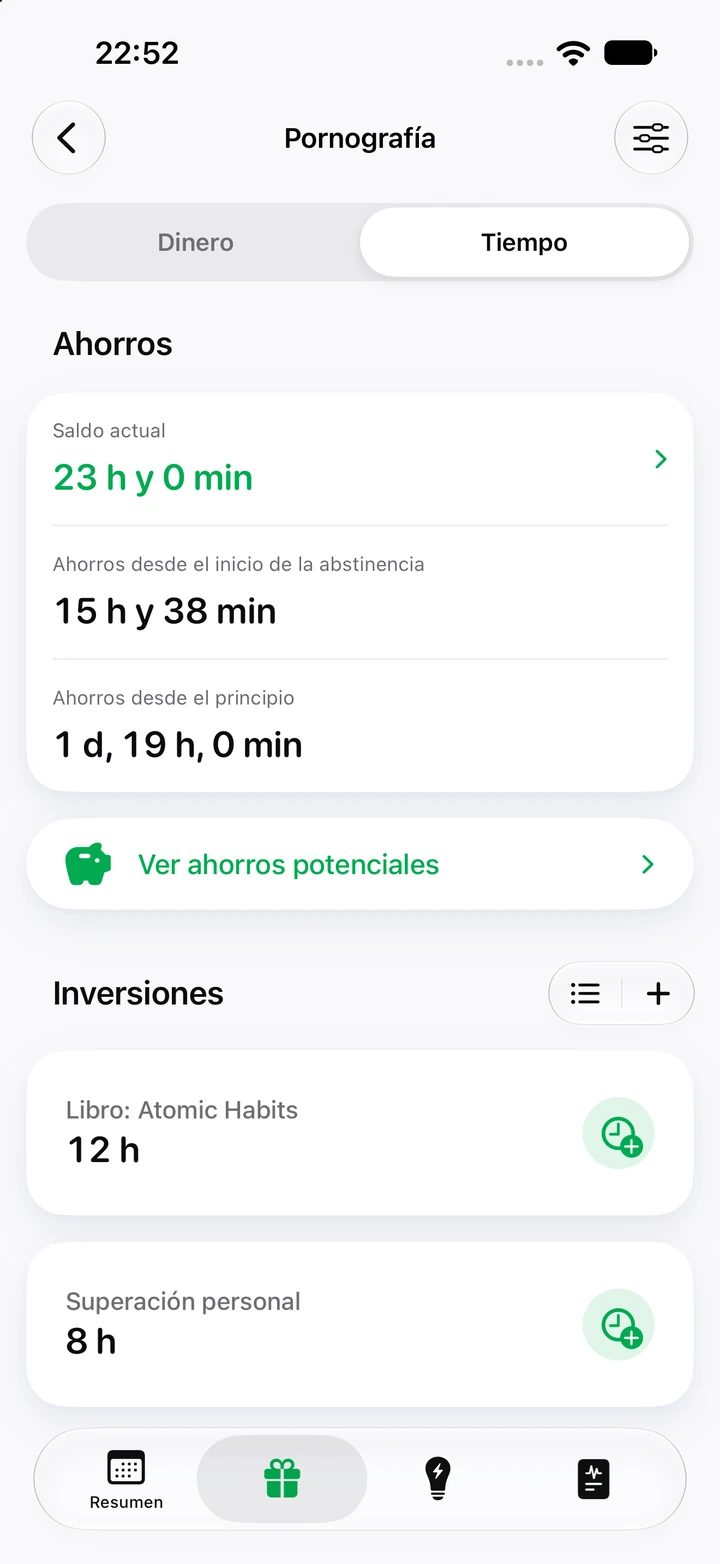 Pestaña Tiempo de Pornografía: saldo de 23 horas, 15 horas y 38 minutos ahorrados desde el inicio de la abstinencia, y horas invertidas en un libro y en superación personal