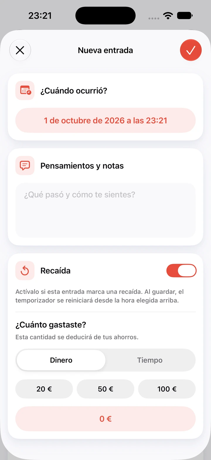 Formulario de entrada del diario para una recaída: 1 de octubre a las 23:21, el campo Pensamientos y notas en blanco, el interruptor Recaída activado y botones de 20, 50 y 100 € para lo que se gastó