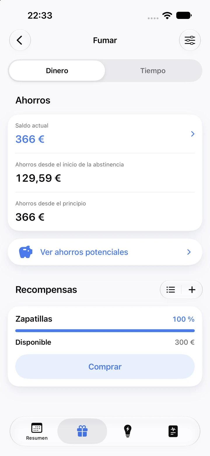 Pantalla de ahorros de Fumar: saldo de 366 € y la recompensa Zapatillas, de 300 €, lista para comprar