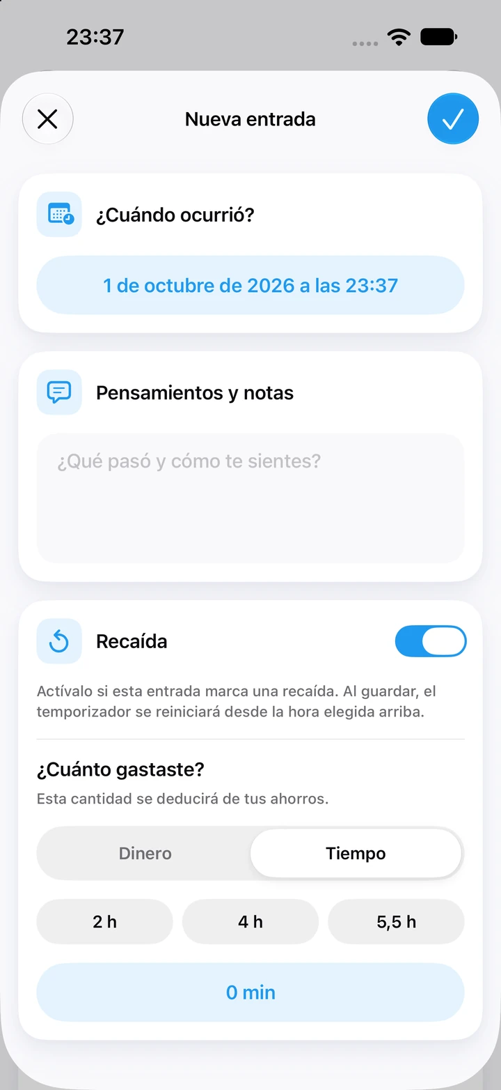 Entrada de recaída en el diario, en modo de tiempo dedicado, con opciones rápidas de 2, 4 y 5,5 horas y el campo de notas vacío