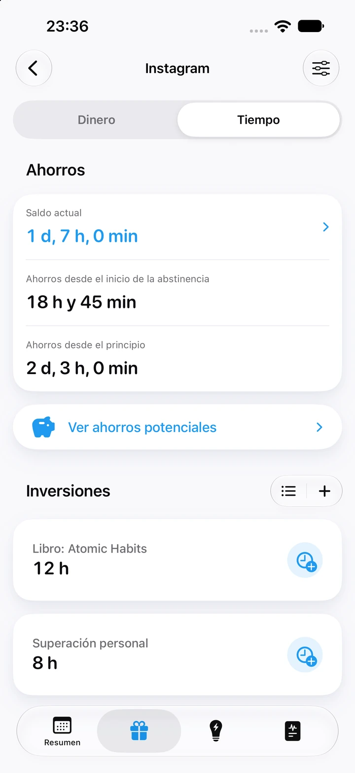 Pestaña Tiempo de Instagram: saldo actual de 1 día y 7 horas; 18 horas y 45 minutos ahorrados desde el inicio de la abstinencia; 2 días y 3 horas desde el principio, e inversiones de 12 horas en un libro y 8 horas en superación personal