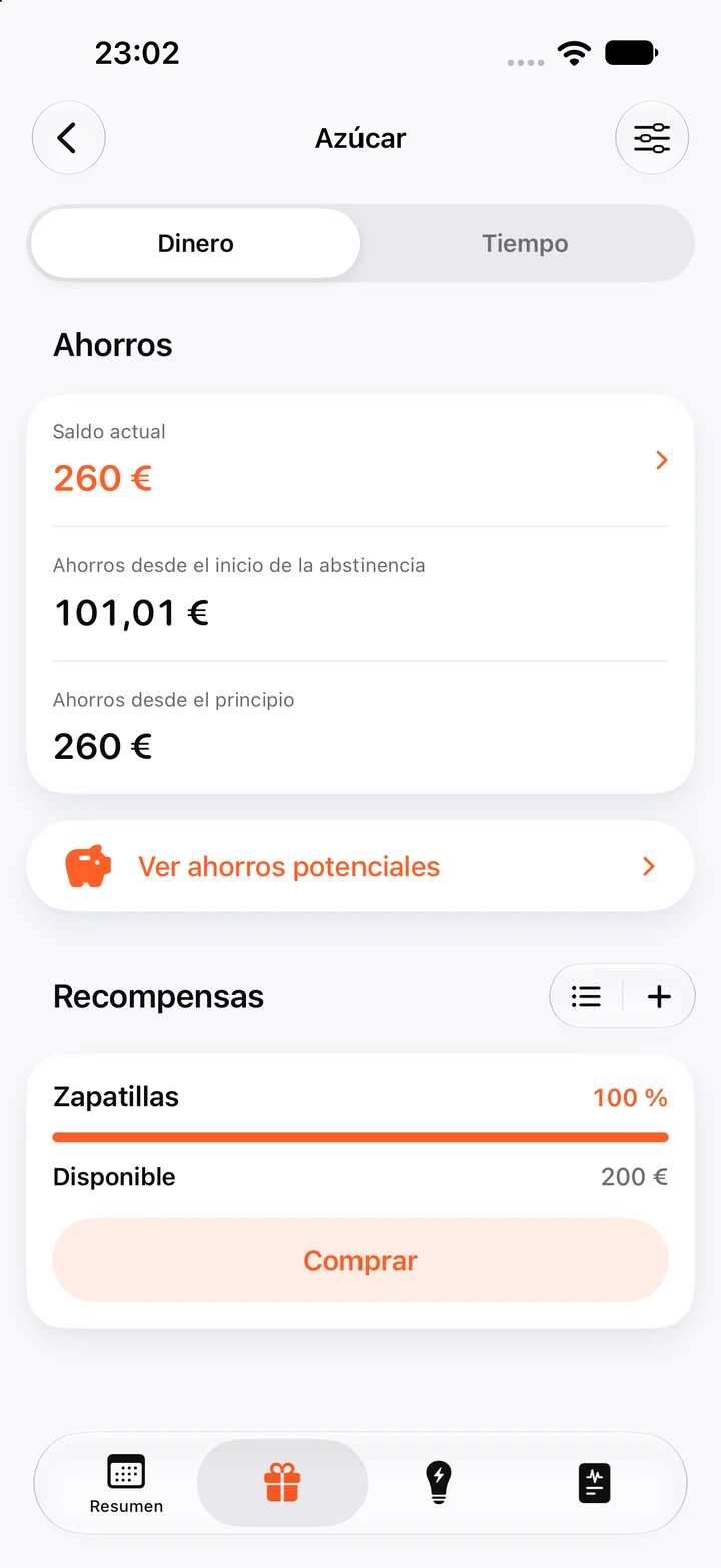 Pantalla de ahorros de Azúcar: saldo actual de 260 €, con la recompensa Zapatillas, de 200 €, al 100 % y lista para comprar