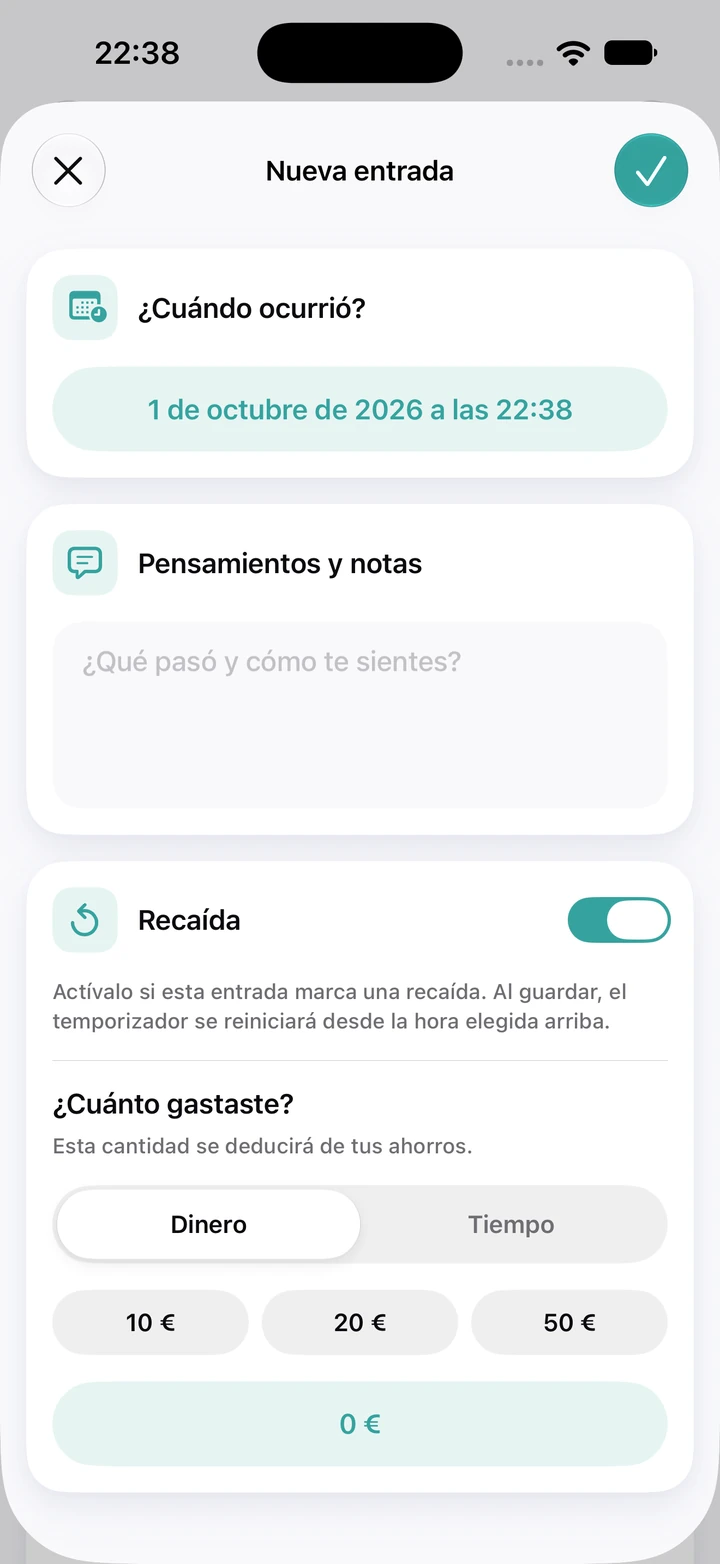 Nueva entrada del diario: fecha y hora, el campo Pensamientos y notas vacío, el interruptor Recaída activado y un campo para lo que se gastó