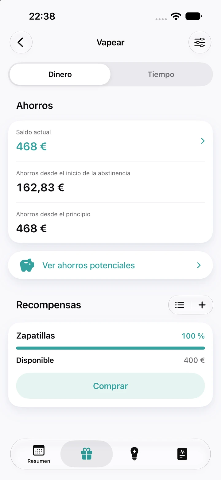 Pestaña Dinero de Vapear: saldo actual de 468 €, 162,83 € ahorrados desde el inicio de la abstinencia y la recompensa Zapatillas, de 400 €, al 100 % y lista para comprar