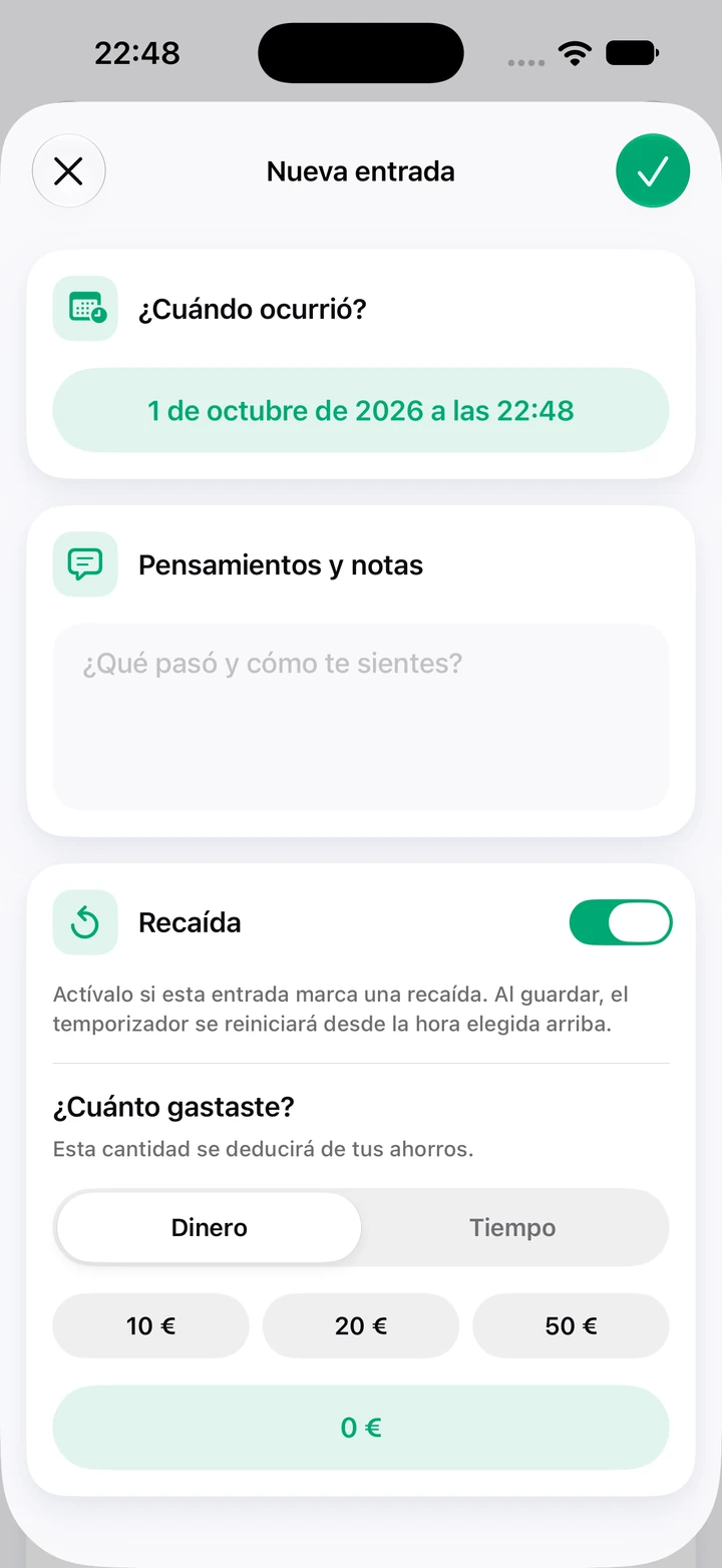 Nueva entrada del diario: fecha y hora, pensamientos y notas, el interruptor de recaída activado y un campo para el dinero gastado