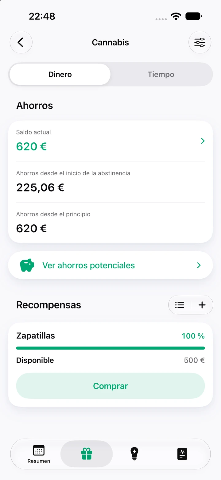 Pantalla de ahorros de Cannabis: saldo actual de 620 €, 225,06 € ahorrados desde el inicio de la abstinencia y la recompensa Zapatillas, de 500 €, lista para comprar