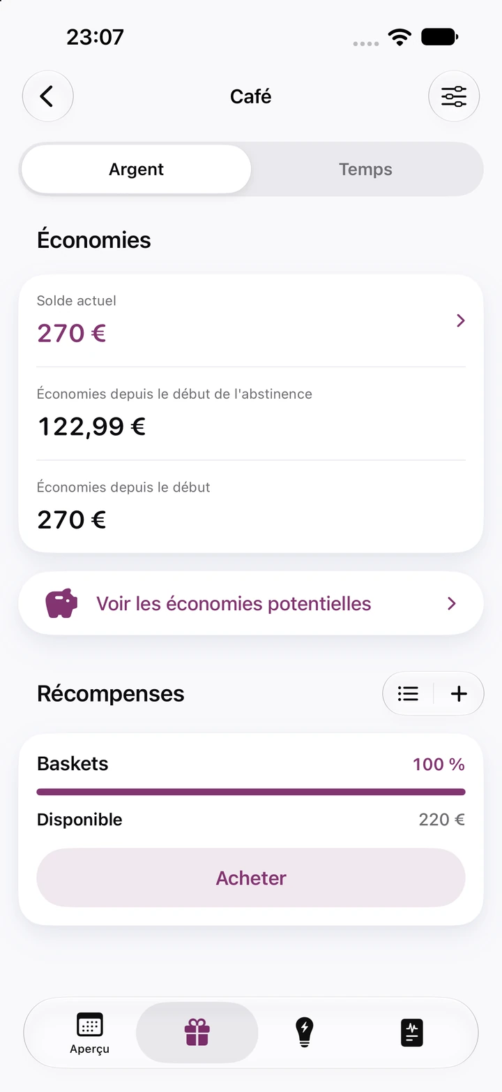 Économies Café : solde actuel de 270 €, 122,99 € économisés depuis le début de l’abstinence et une récompense Baskets de 220 € prête à être achetée