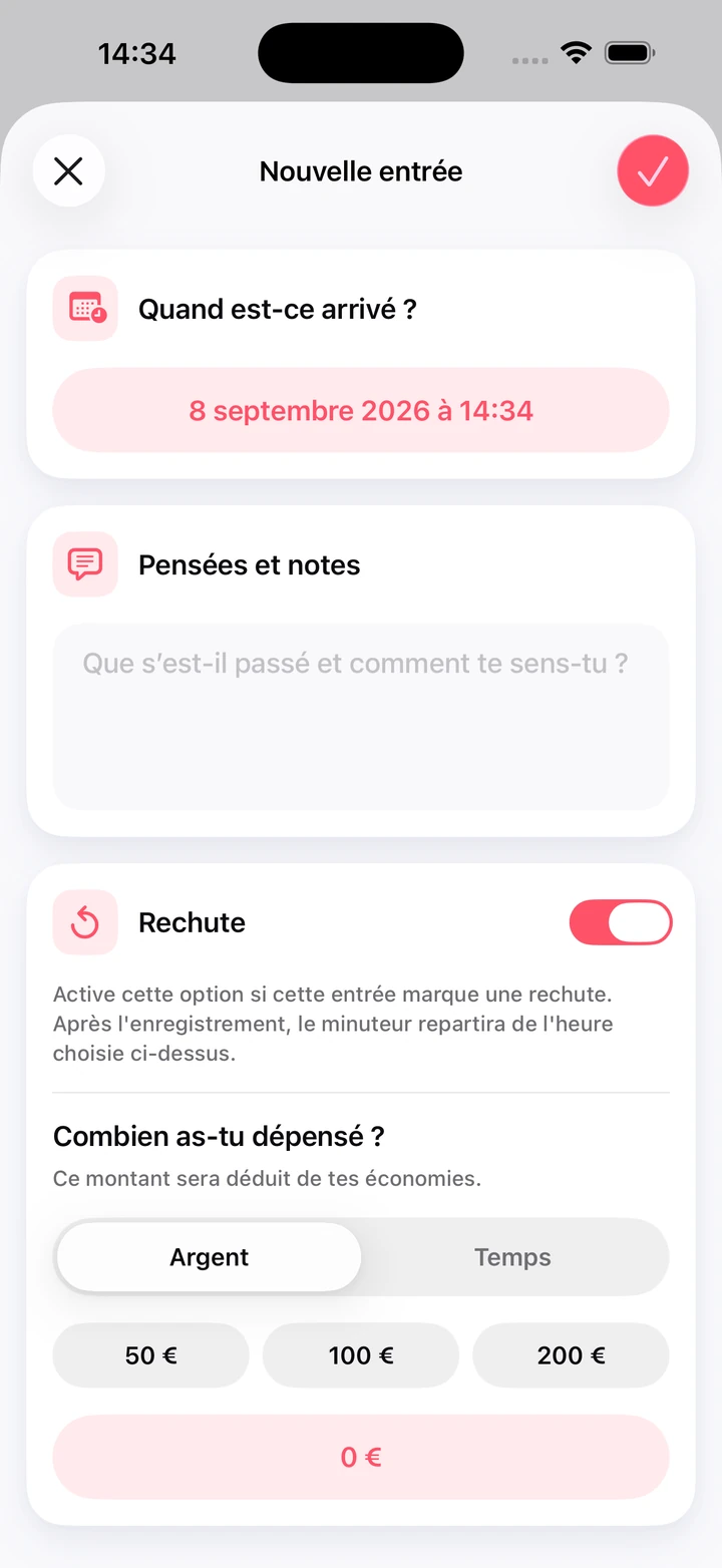 Nouvelle entrée du journal avec un champ de notes, l’interrupteur Rechute et l’argent dépensé