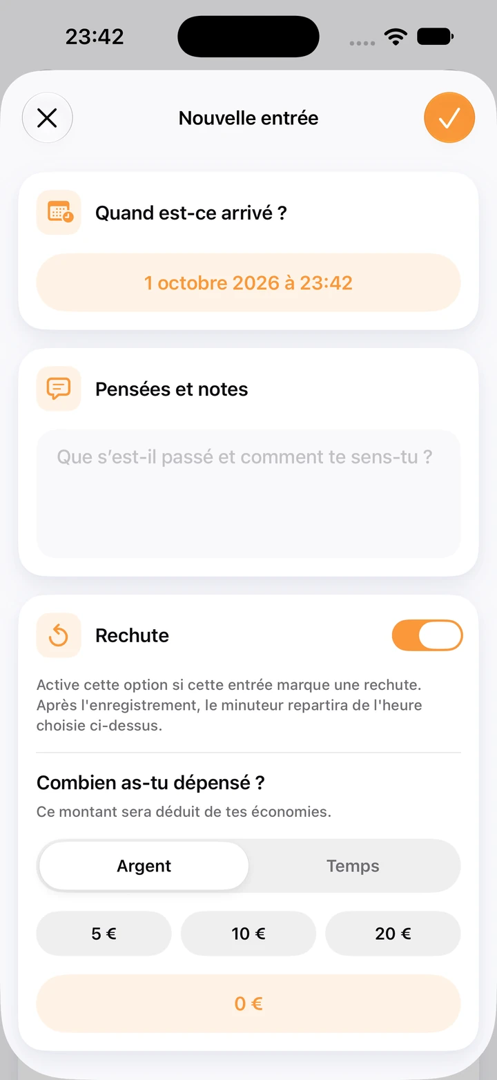 Nouvelle entrée du journal : champ Pensées et notes vide, interrupteur Rechute activé et boutons 5, 10 et 20 € pour le montant dépensé