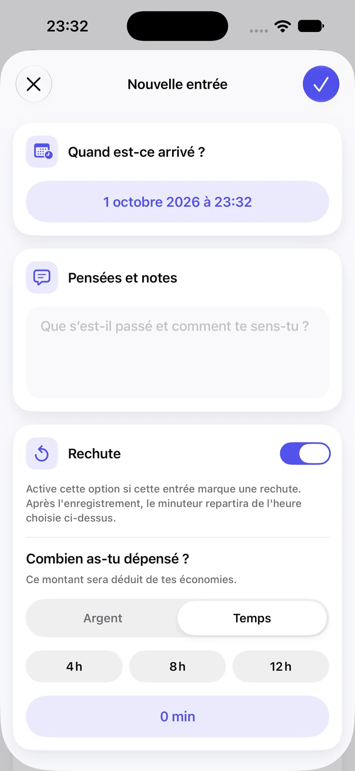 Nouvelle entrée du journal avec l’interrupteur Rechute activé, un champ Pensées et notes vide et un choix de temps passé de 4, 8 ou 12 heures