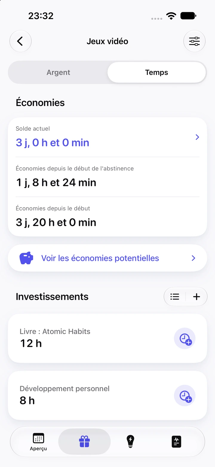 Onglet Temps de Jeux vidéo : solde actuel de 3 jours ; 1 jour, 8 heures et 24 minutes économisés depuis le début de l’abstinence ; 12 heures investies dans un livre et 8 heures dans le développement personnel