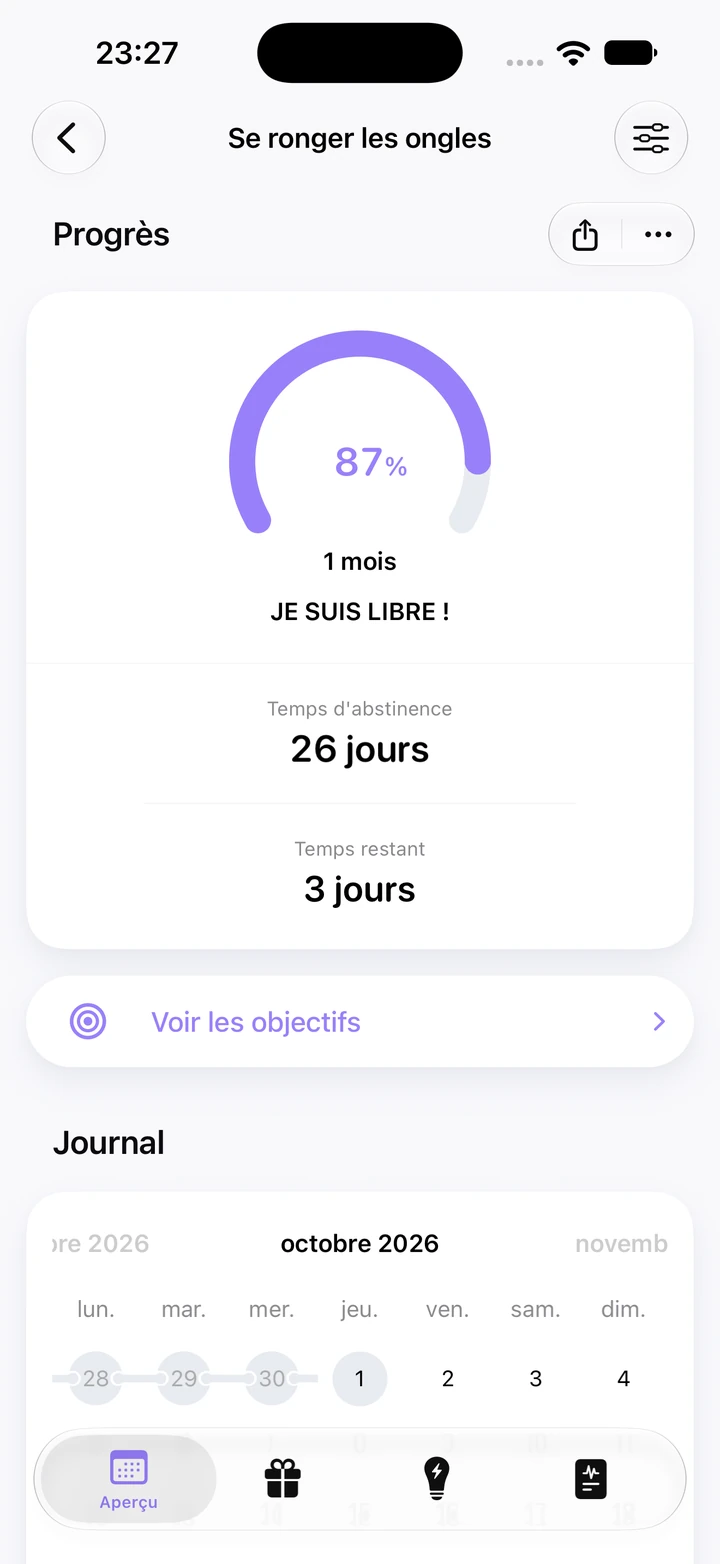 Écran de progrès Se ronger les ongles : 87 % d’un objectif d’un mois, 26 jours de temps d’abstinence et 3 jours restants, avec le calendrier du journal en dessous