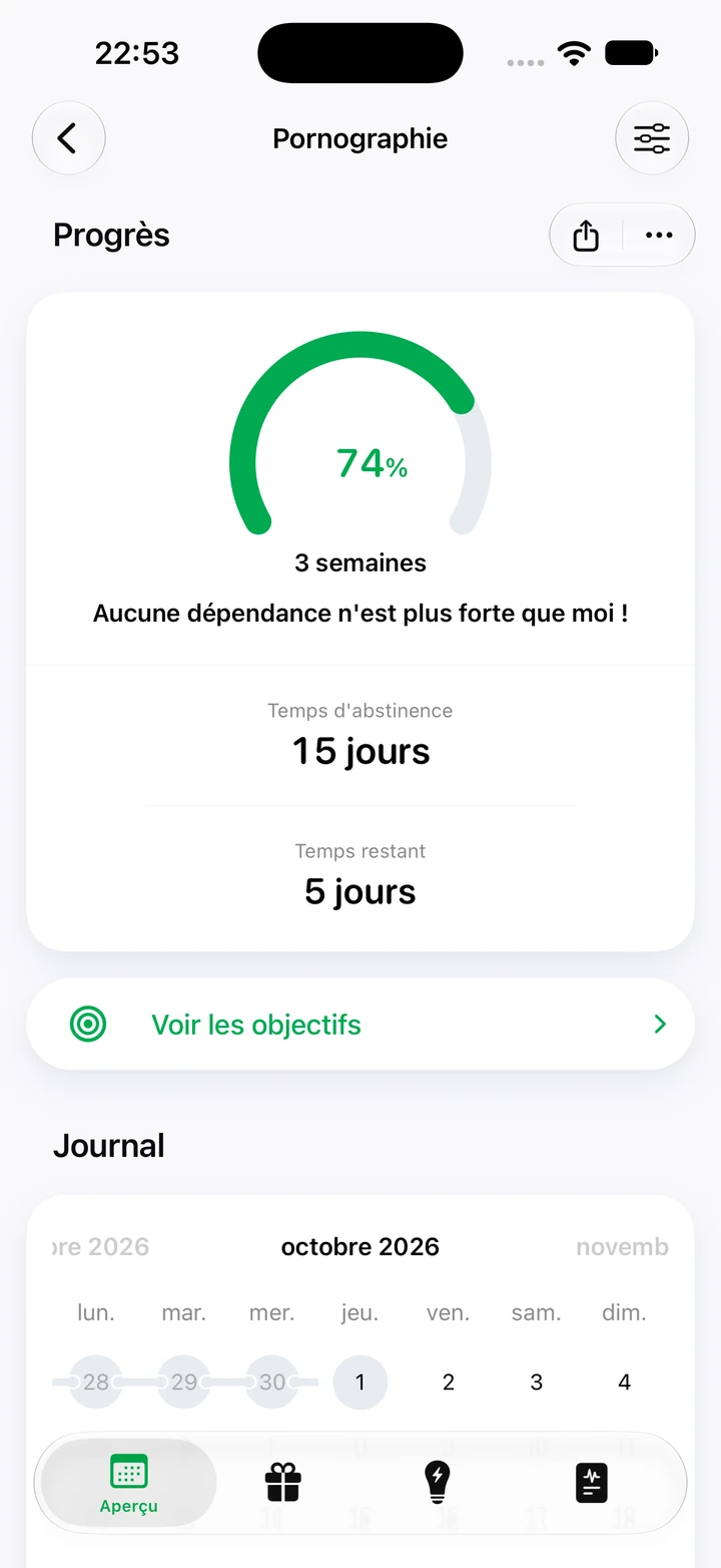 Écran de progrès Pornographie : 15 jours de temps d’abstinence et 74 % d’un objectif de 3 semaines, avec en dessous une chaîne de jours sans rechute sur le calendrier